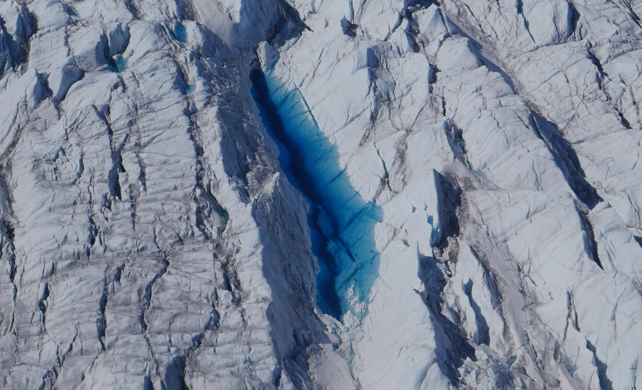 A water-filled crevasse